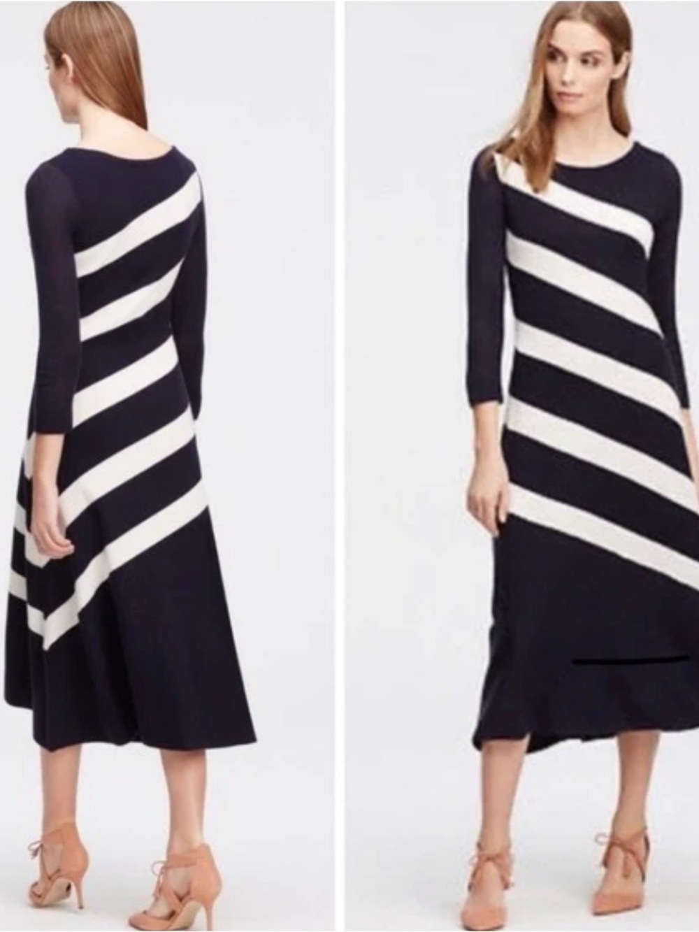 Ann Taylor Merino Wool Stripe Midi Nautical Work Classic Dress XS Navy Ivory NWT